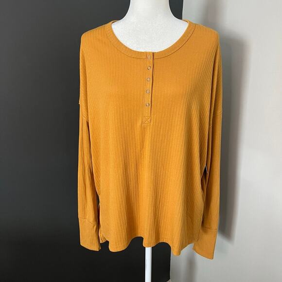 SO Tops - NWT SO Woman’s Mustard Yellow Ribbed Long Sleeve Henley Tunic Top- Size L